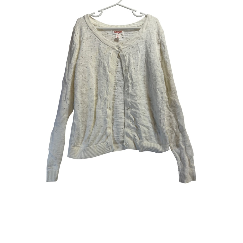 Cat & Jack Girls Cream White Pointelle Knit Button Cardigan Sweater L 10/12
